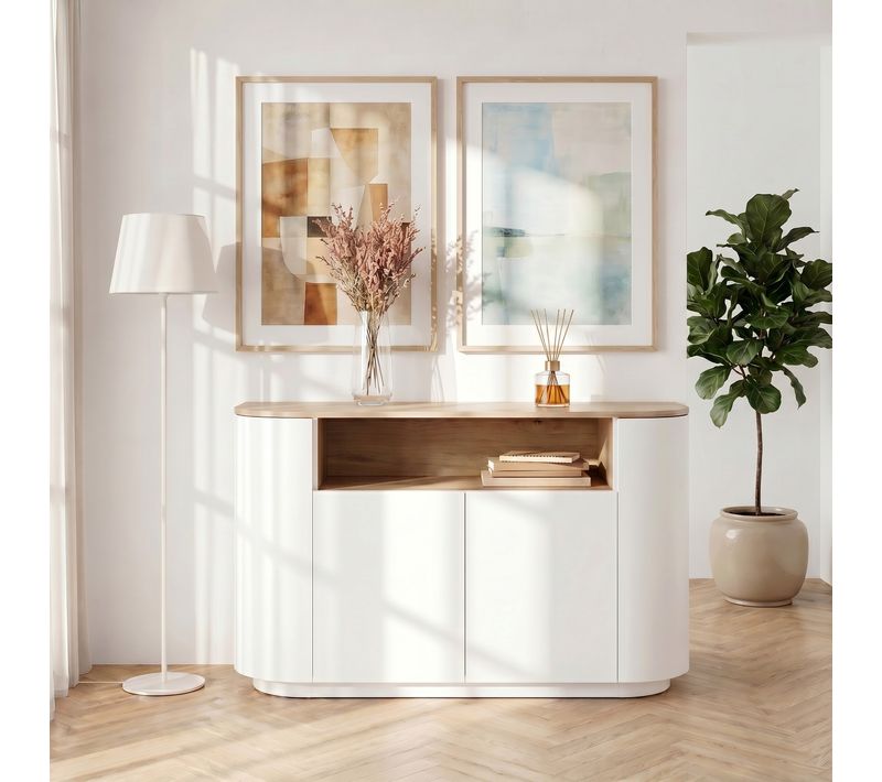 Buffet 4 portes RONDY imitation chêne et blanc