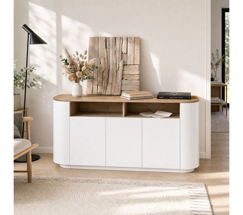 Buffet 5 portes RONDY imitation chêne et blanc