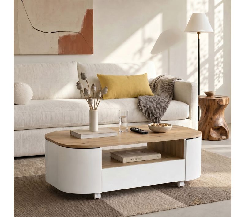 Table basse RONDY 110cm imitation chêne et blanc