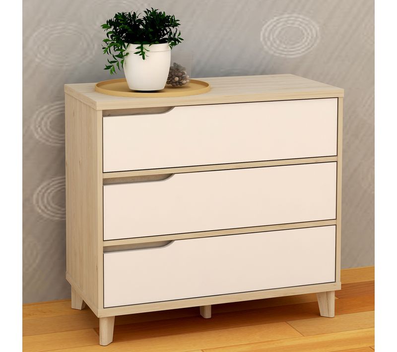 Commode 3 tiroirs Nordic imitation chêne et blanc