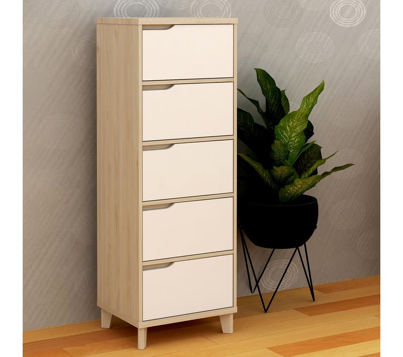 Chiffonnier 5 tiroirs Nordic imitation chêne et blanc