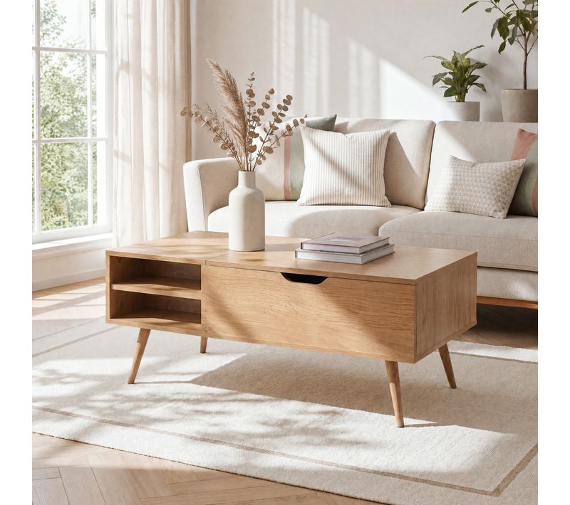 Table basse relevable COLUMBUS imitation chêne