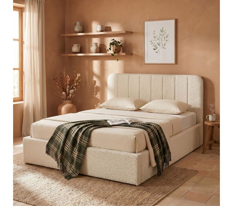 Lit coffre 140x190 cm en tissu bouclette blanc ANNA