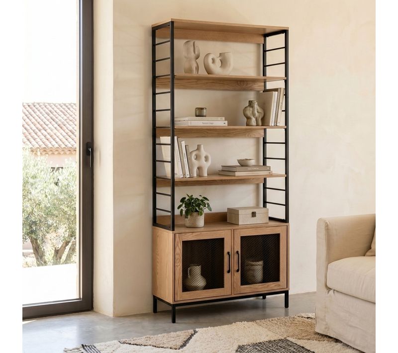 Bibliothèque 2 portes MIREILLE imitation chêne et noir