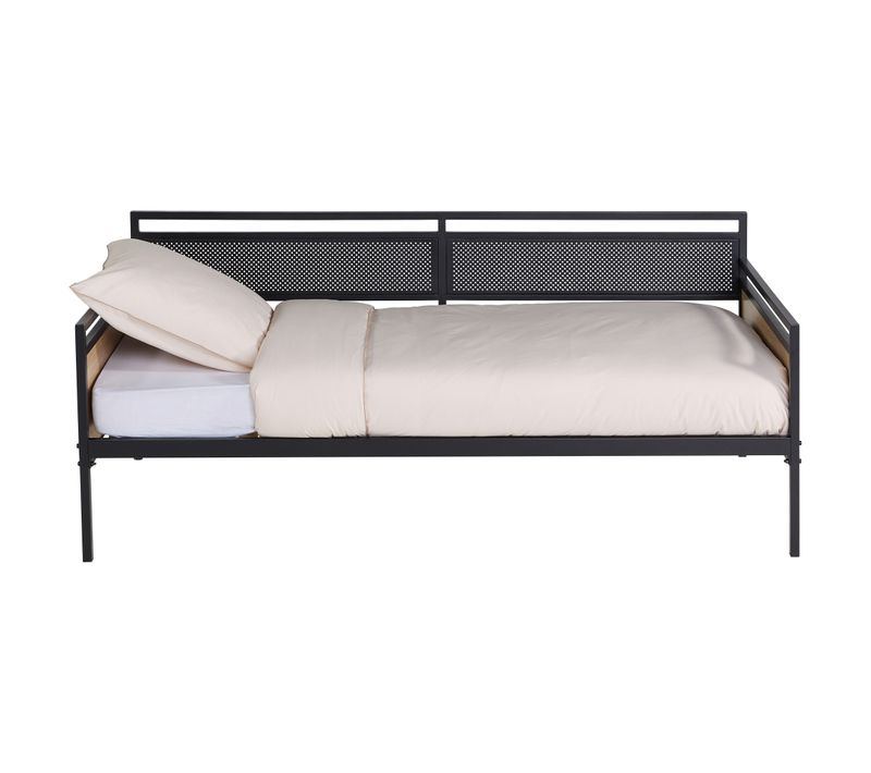 Lit banquette 90x190 cm OSKAR métal noir et imitation chêne