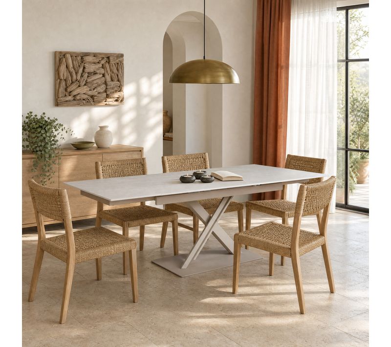 Table céramique L. 160/240 EVORA allonges imitation travertin