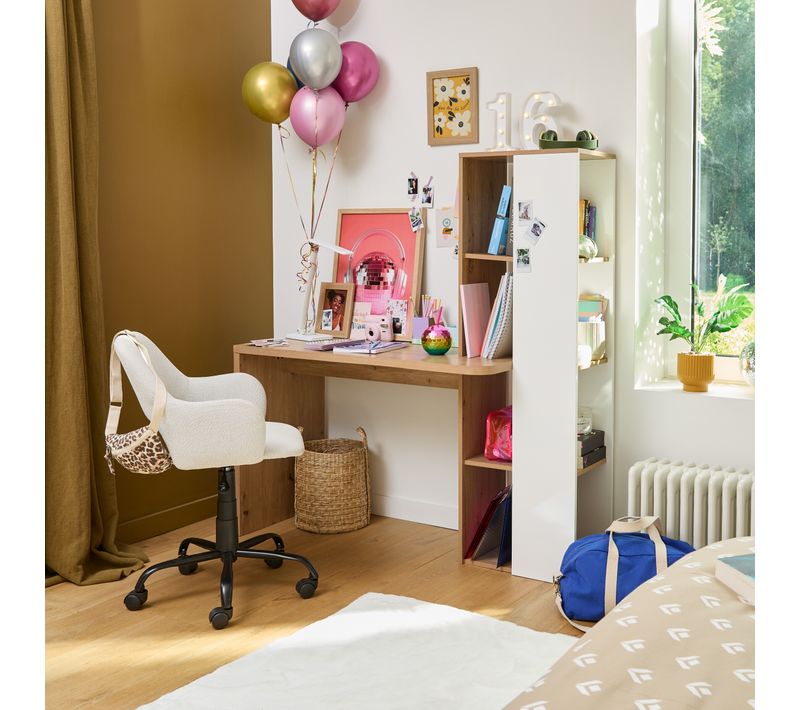 Bureau avec bibliothèque NOAH imitation chêne et blanc