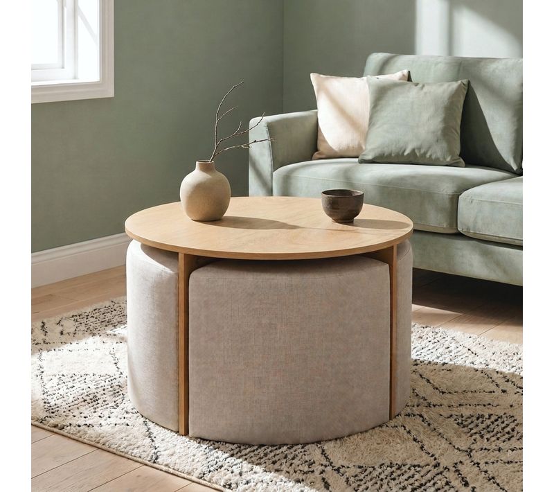 Table basse ronde + 4 poufs PRISCA chêne et tissu beige