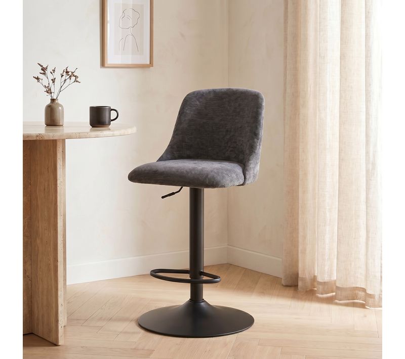Lot de 2 tabourets de bar pivotants H.63cm et up&down LARISSA tissu gris foncé