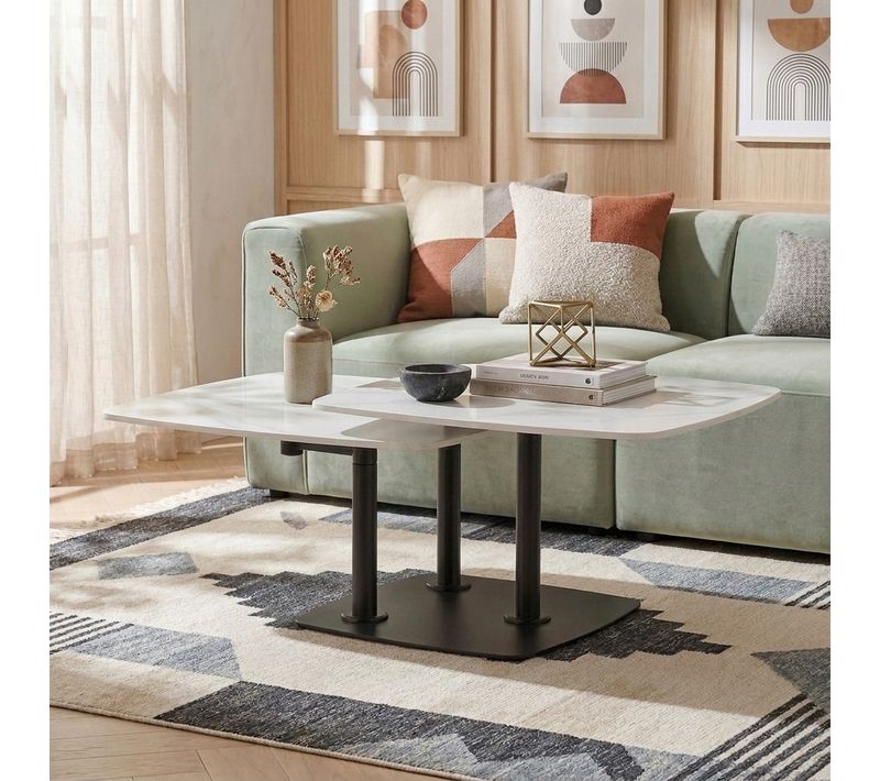 Table basse plateaux rotatifs MARIE en pierre frittée marbre blanc