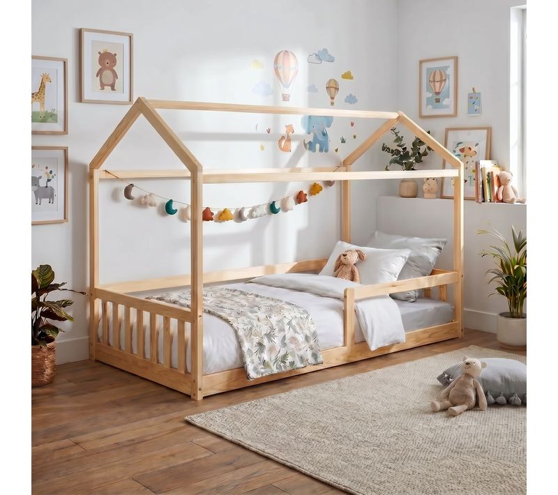Lit cabane 90x190 cm en pin massif avec sommier RUBY naturel
