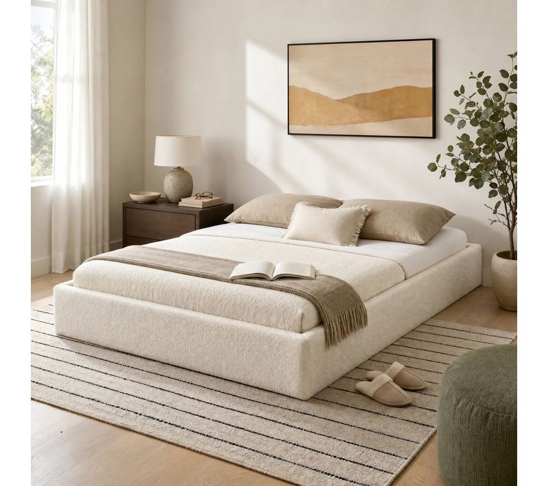Lit coffre 160x200 cm tissu bouclette beige PARMA
