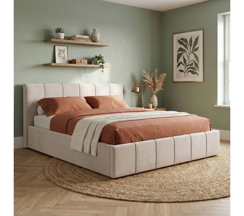 Lit coffre 140x190 cm tissu velours beige MAEVA
