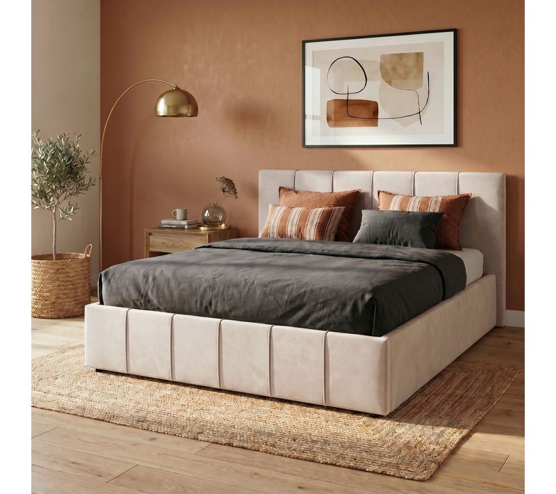 Lit coffre 160x200 cm tissu velours beige MAEVA