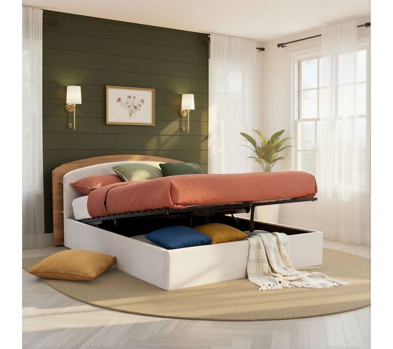 Lit coffre 160x200 cm EOLE tissu et imitation chêne