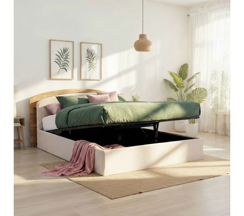 Lit coffre 140x190 cm EOLE tissu et imitation chêne
