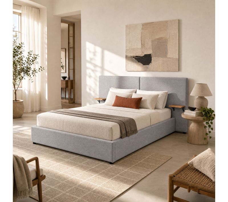 Lit coffre 160x200 cm avec chevets REMY tissu gris