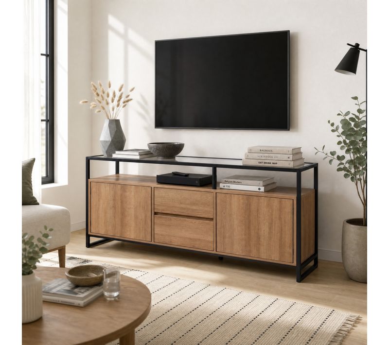 Buffet 2 portes L. 140 cm UTAH imitation chêne et noir