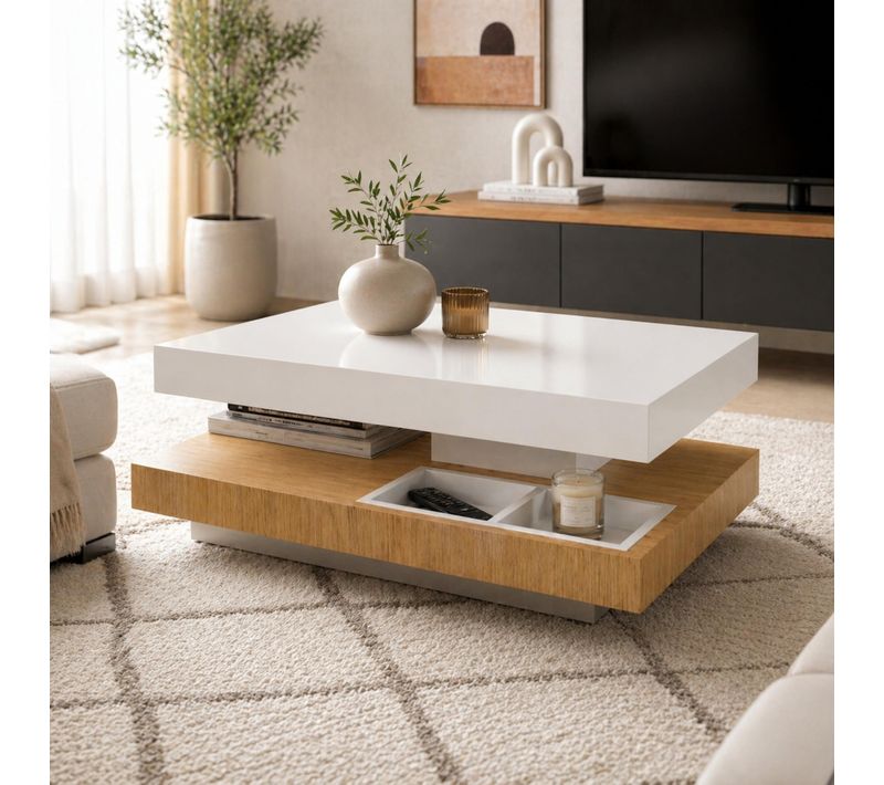 Table basse plateau pivotant TURN Imitation chêne et blanc