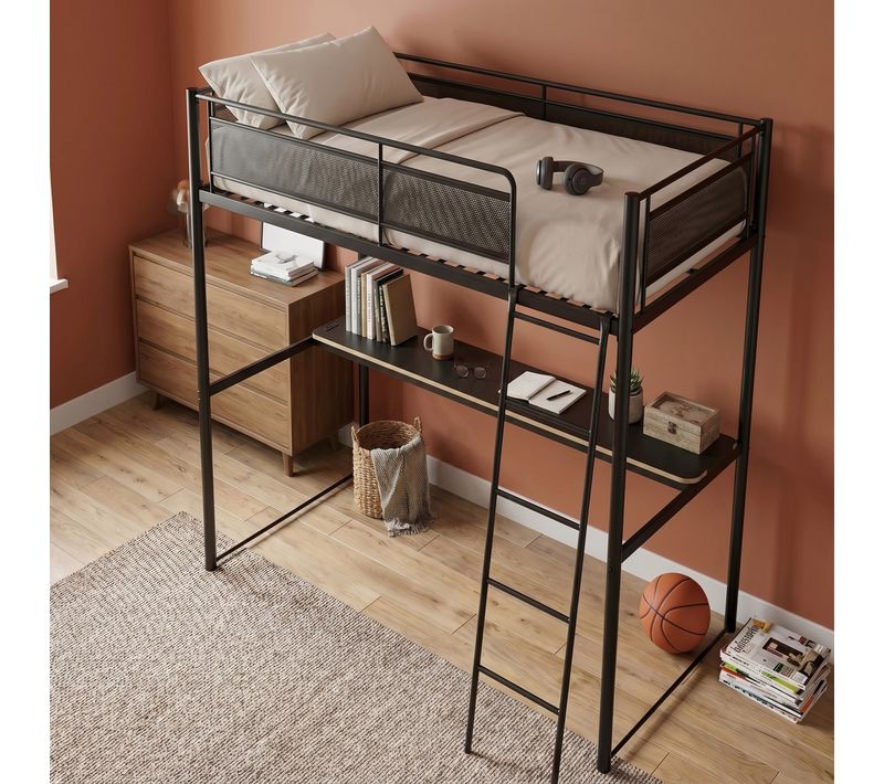Lit mezzanine 90x190 cm avec bureau LED ORIO métal noir