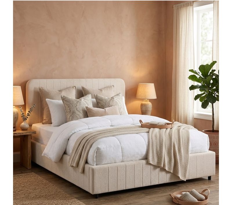 Lit coffre 140x190 cm KIAN tissu velours beige