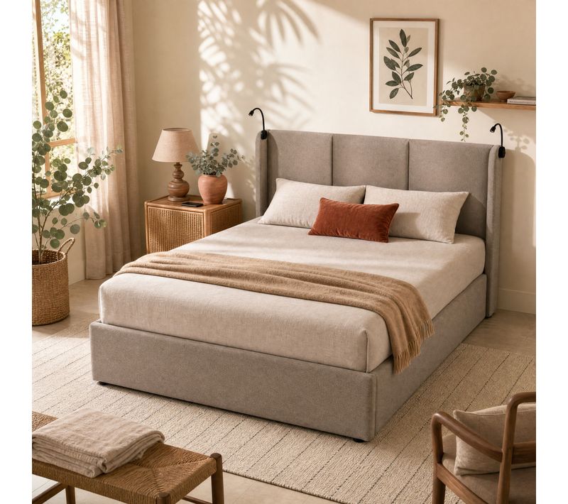 Lit coffre 140x190 cm avec lampes de lecture NOEMIE velours gris foncé