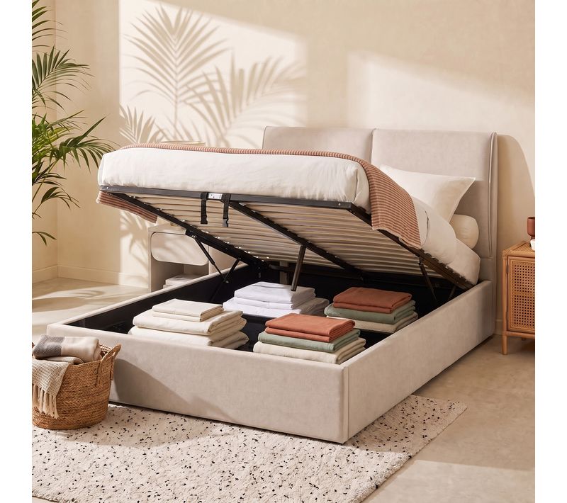 Lit coffre 140x190 cm COSY effet coussin tissu velours beige