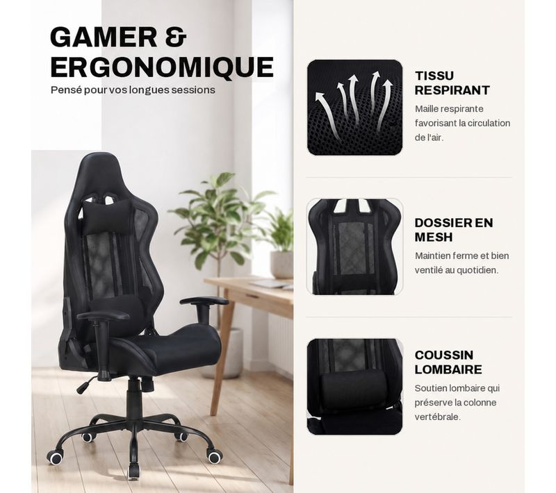 Fauteuil de bureau gamer FLAVIEN noir