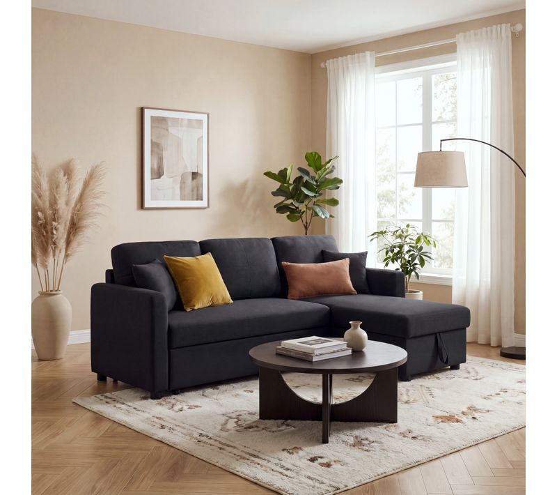 Angle Réversible Coffre Rangement Canapé Convertible Méridienne KIM Noir Tissu L202 x P135 x H86 cm Réf. BUT-4894223254144