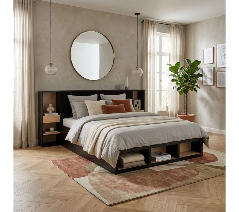 Lit coffre avec tête de lit rangement 140x190 cm AURE imitation chêne et noir