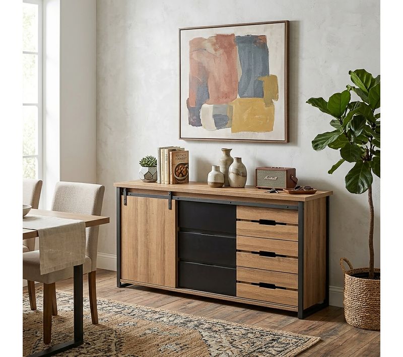 Buffet 1 porte 6 tiroirs CAISSE imitation chêne et noir