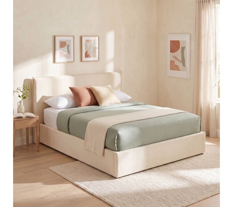 Lit coffre 140x190 cm CELINE tissu velours beige
