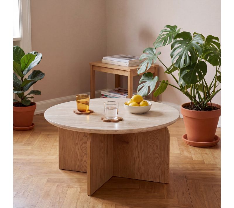 Table basse AZILYS Imitation chêne et travertin