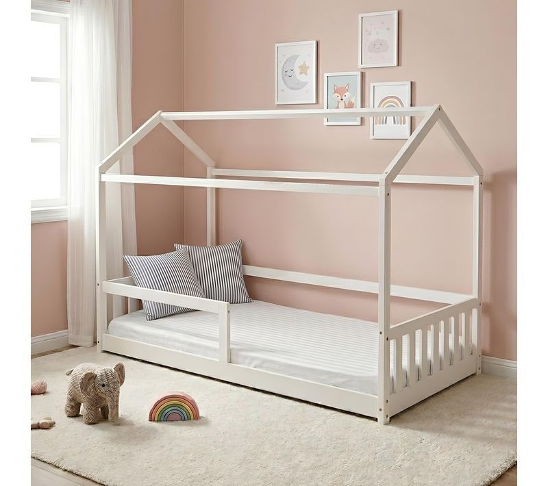 Lit cabane 90x190 cm en pin massif avec sommier RUBY blanc