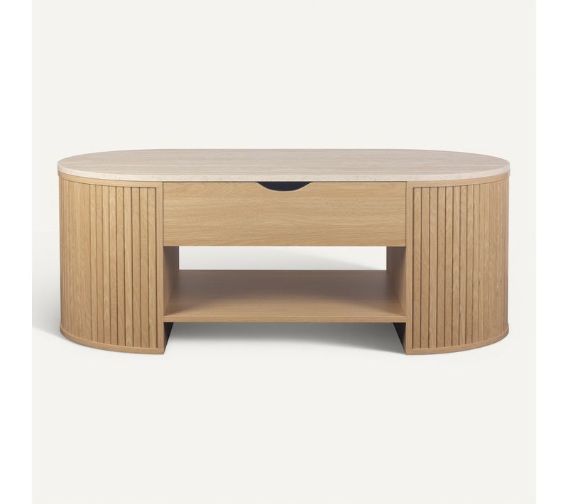 Table basse avec plateau relevable MISTI imitation chêne et travertin