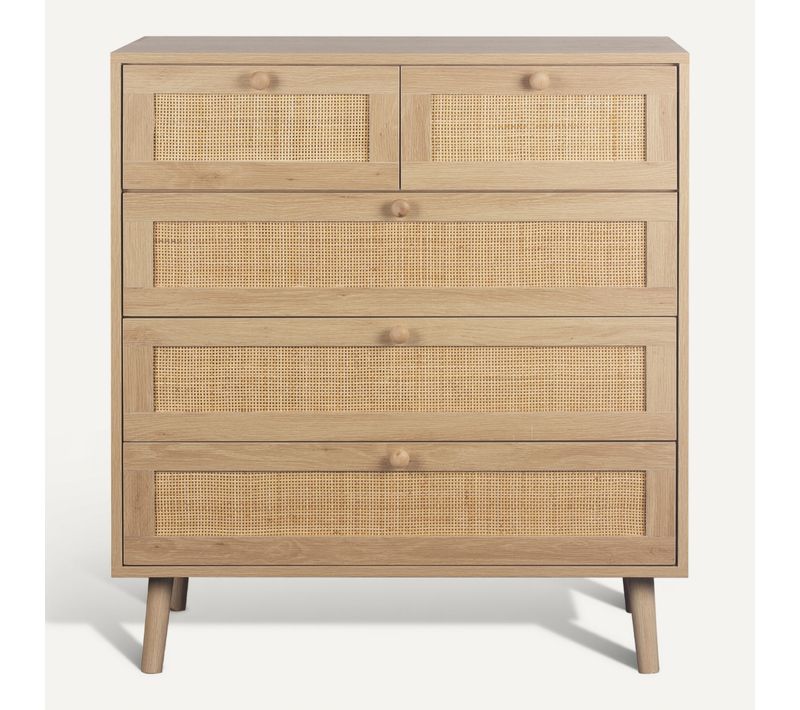 Commode 5 tiroirs L.80 cm BEA Imitation chêne et rotin