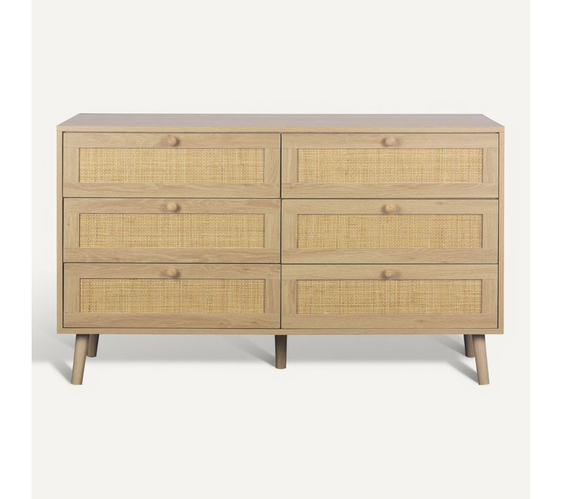 Commode 6 tiroirs L.120 cm BEA Imitation chêne et rotin