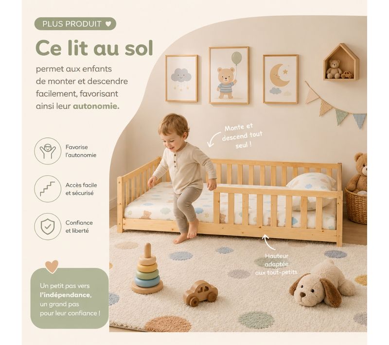 Lit au sol avec barrière 90x190 cm en pin massif avec sommier ELLIA naturel