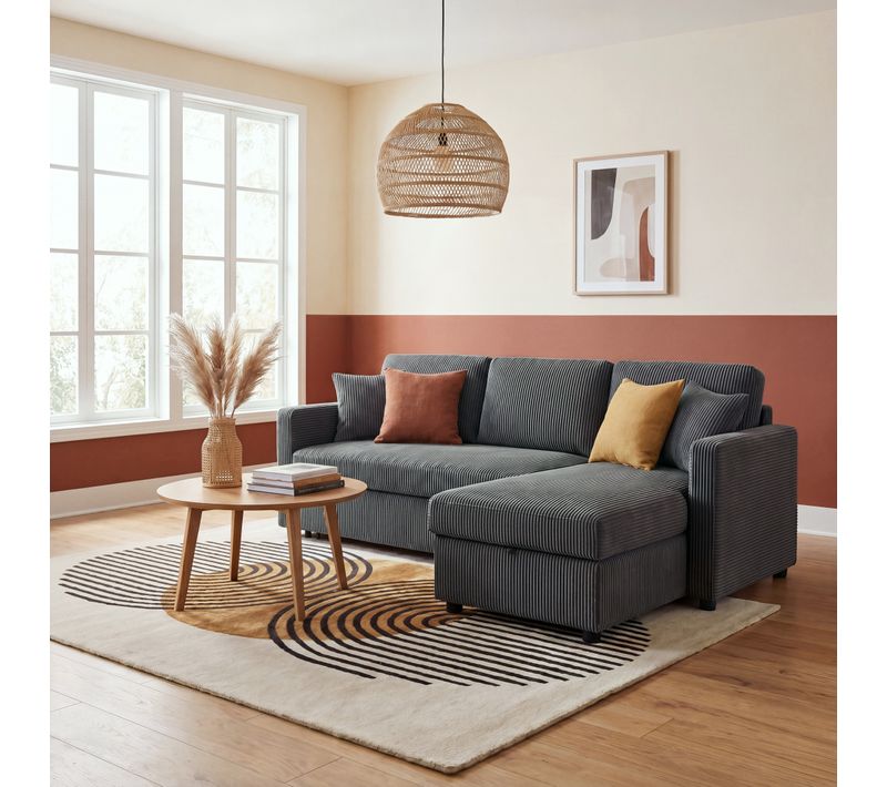 Velours Côtelé Angle Réversible Canapé Convertible Méridienne KIM Gris L202 x P135 x H86 cm Réf. BUT-4894223255592