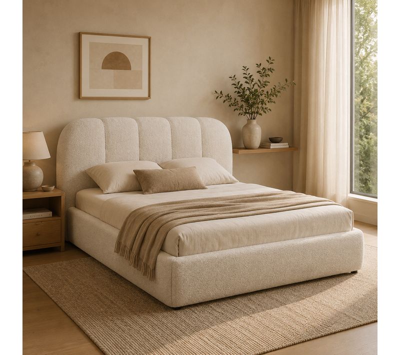 Lit coffre 140x190 cm JULES tissu bouclette beige