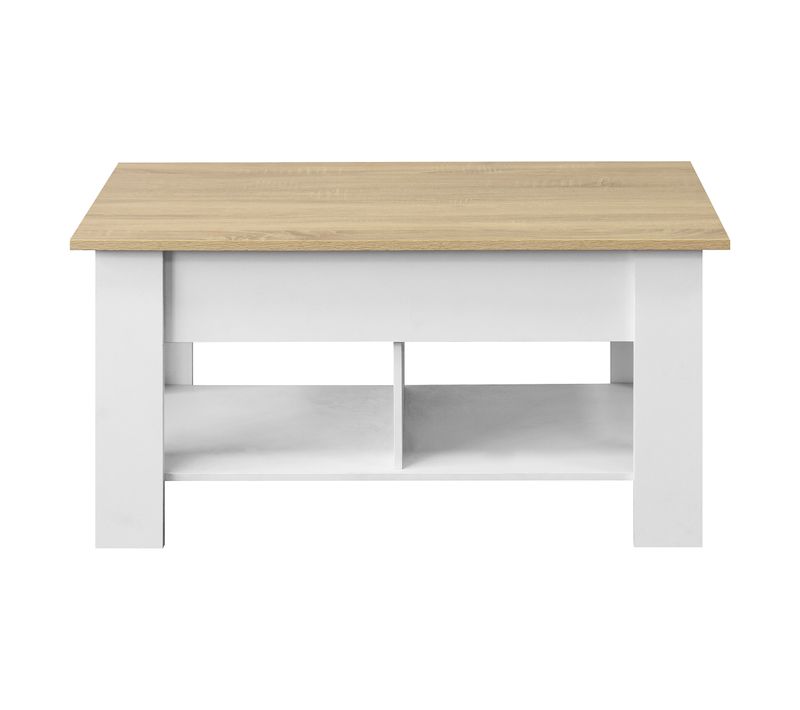 Table basse avec plateau relevable LIDIA en imitation chêne et blanc