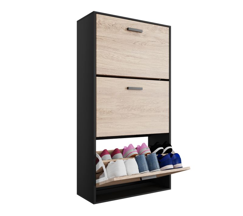 Meuble Rangement Chaussure 18 Paires - Pour Entree Couloir - 60x24x113 Cm - Noir Bois Clair