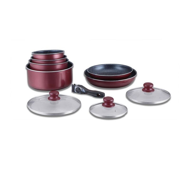 Batterie De Cuisine Revêtement Pierre Avec Manche Amovible 10 Pieces Bordeaux  Hg5000-br