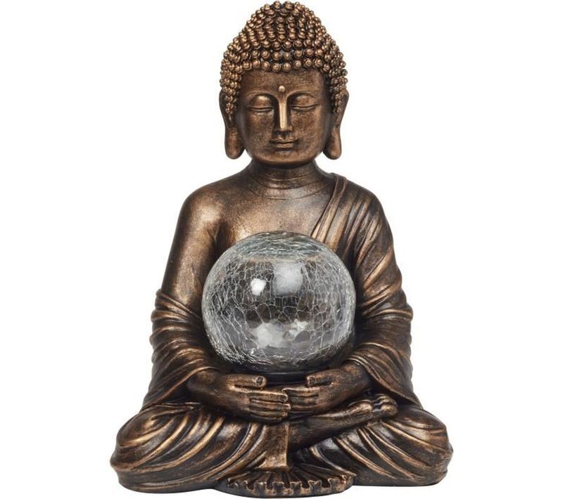 Statue Bouddha Solaire Avec Globe Verre Fissuré 12 Cm, 10 LED, Bronze