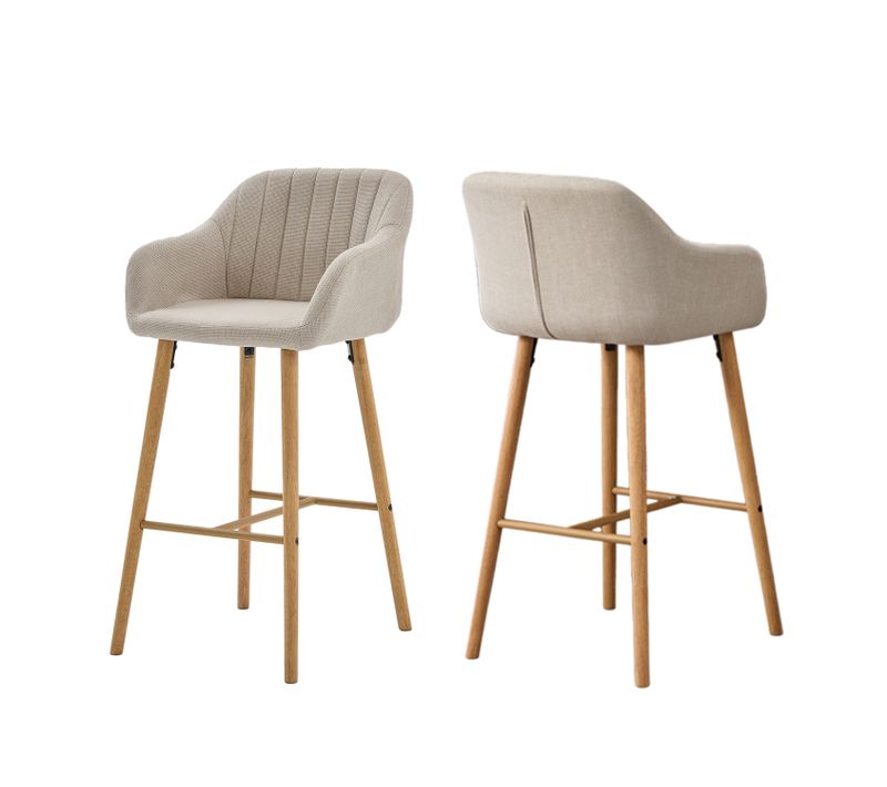 Lot De 2 Chaises De Bar, Siège 75 Cm De Haut, Avec Accoudoirs, Pieds En Bois Massif, Beige