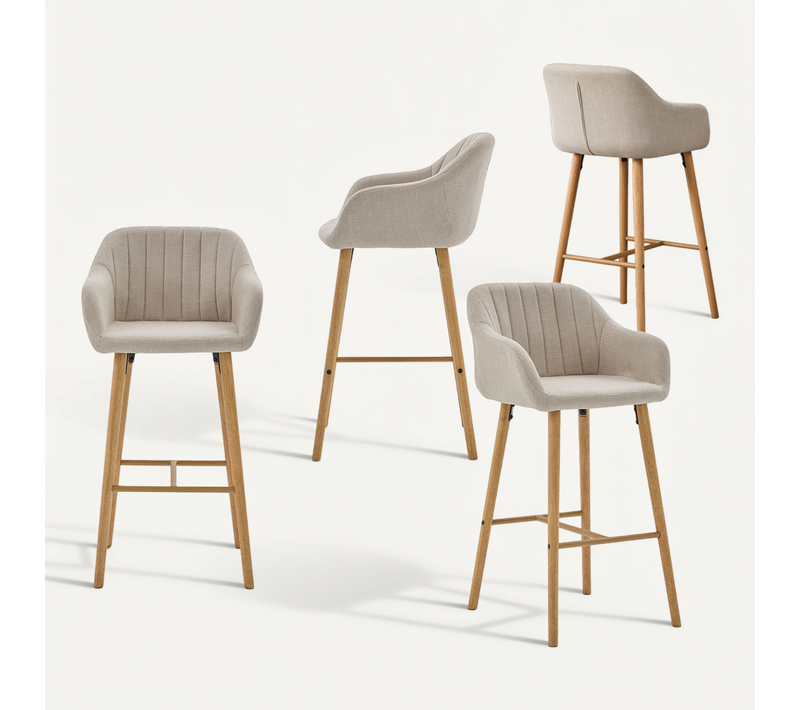 Lot De 4 Chaises De Bar, Siège 75 Cm De Haut, Avec Accoudoirs, Pieds En Bois Massif, Beige