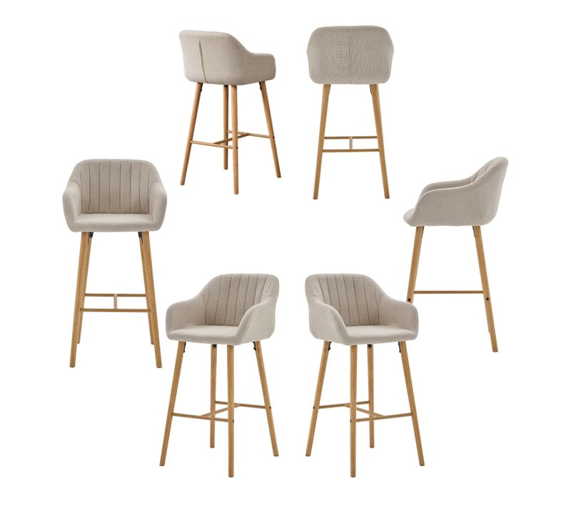 Lot De 6 Chaises De Bar, Siège 75 Cm De Haut, Avec Accoudoirs, Pieds En Bois Massif, Beige