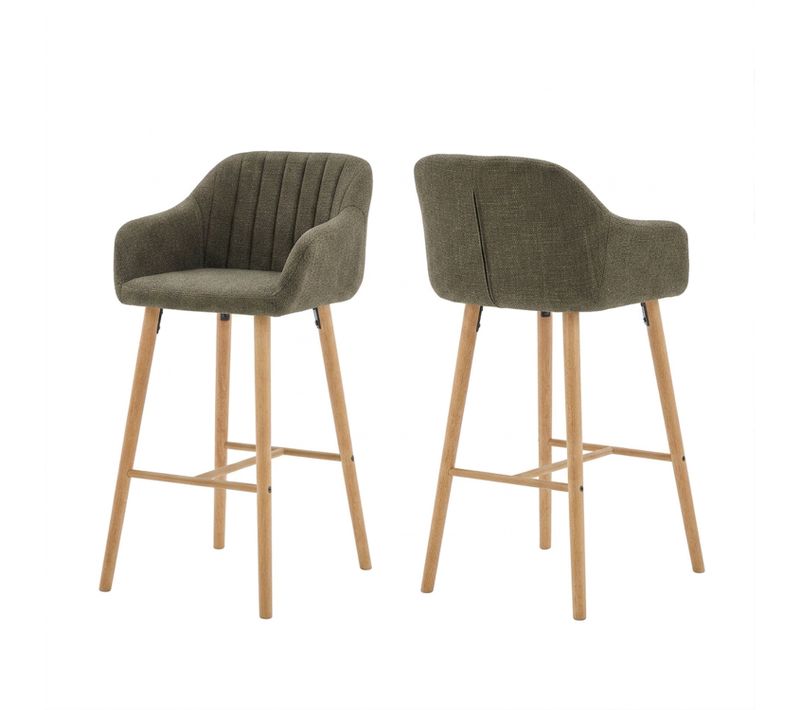 Lot De 2 Chaises De Bar, Siège 75 Cm De Haut, Avec Accoudoirs, Pieds En Bois Massif, Vert