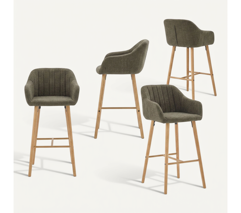 Lot De 4 Chaises De Bar, Siège 75 Cm De Haut, Avec Accoudoirs, Pieds En Bois Massif, Vert