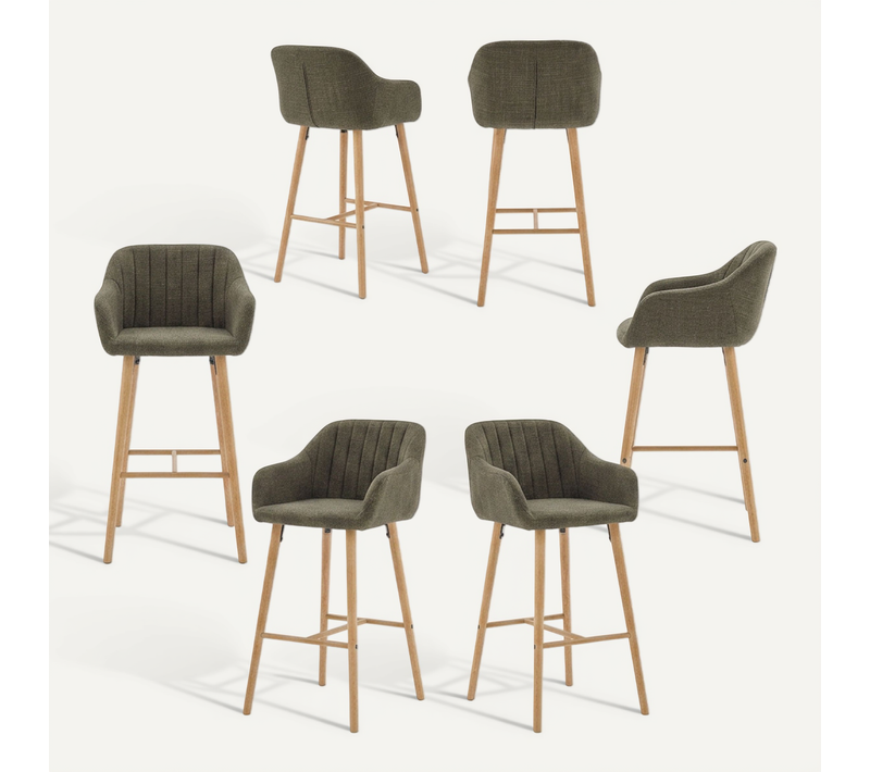 Lot De 6 Chaises De Bar, Siège 75 Cm De Haut, Avec Accoudoirs, Pieds En Bois Massif, Vert